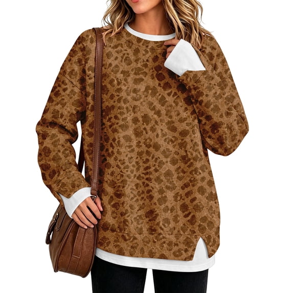 Leopard Print Sweatshirt for Women, Long Sleeve Crew Neck Pullover Top, Casual Loose Fit Animal Pattern Shirt for Fall Winter