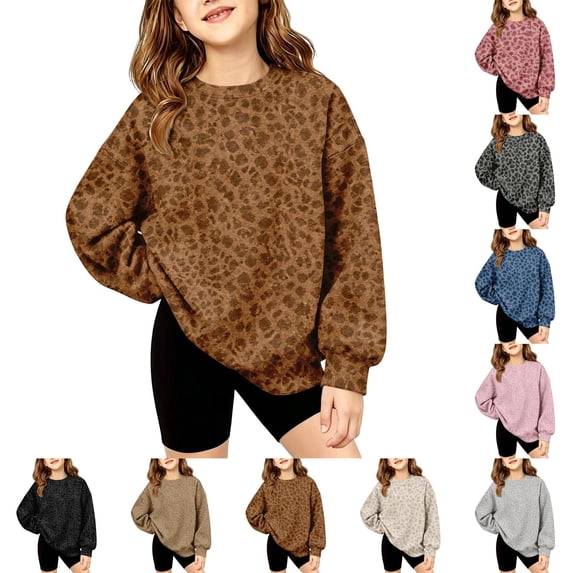 Leopard Print Sweatshirts for Girls Long Sleeve Crew Neck Pullover Fashion Top Trendy Fall Winter Casual Loose Fit Blouse