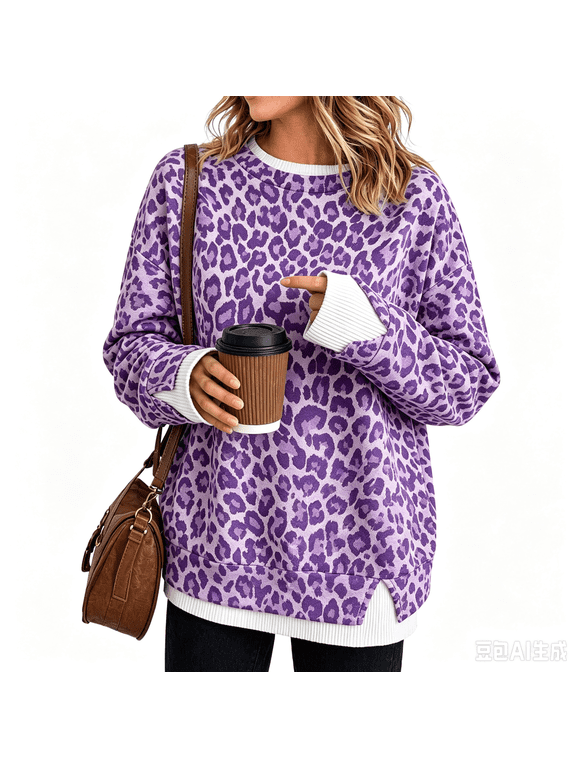 Leopard Print Sweatshirts for Women Fake Layer Sweatshirts Crew Neck Long Sleeve cheetah print Top Casual Fall Pullover