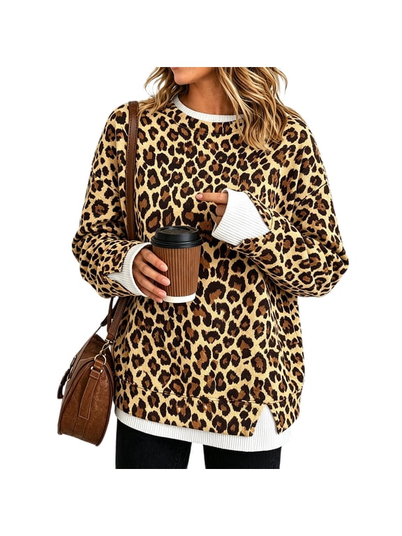 Leopard Print Sweatshirts for Women Fake Layer Sweatshirts Crew Neck Long Sleeve cheetah print Top Casual Fall Pullover