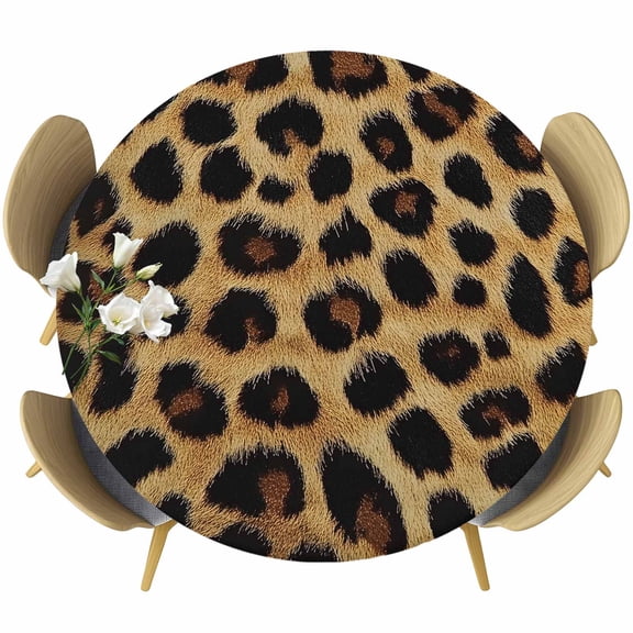 Leopard Print Table Cloth, Round Fitted Tablecloths with Elastic Edge, Brown Yellow Retro Animal Fur Pattern Wipeable Waterproof Table Cover for Kitchen Wedding 36-44 Inches