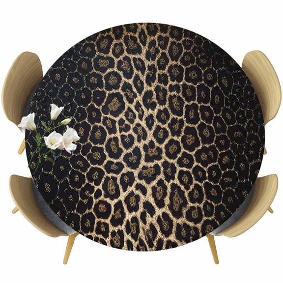 Leopard Print Table Cloth, Round Fitted Tablecloths with Elastic Edge, Chic Abstract Black Brown Animals Texture Wipeable Waterproof Table Cover for Kitchen Wedding 36-44 Inches