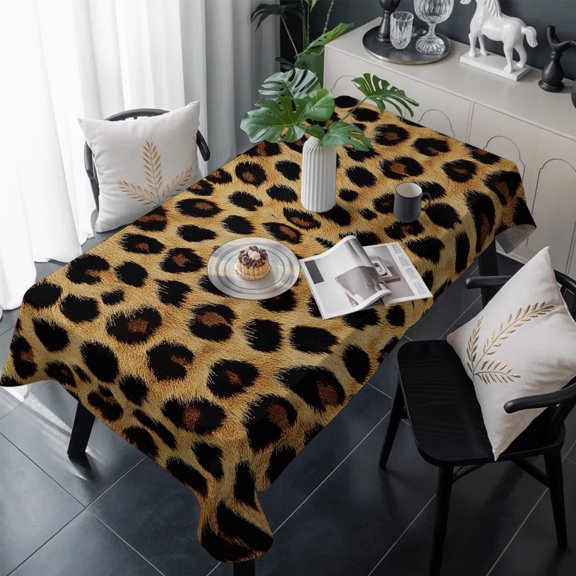 Leopard Print Table Cloth Waterproof Tablecloths, Brown Yellow Retro Animal Fur Pattern Tablecloth Dining Table Cover for Kitchen Party Tabletop Outdoor, Rectangle Tablecloth 54x108 Inch