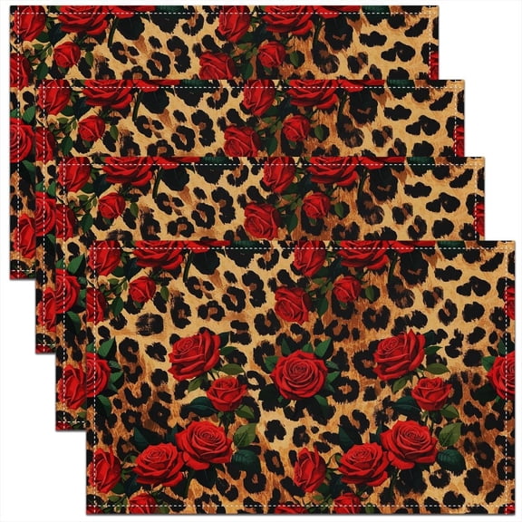 Leopard Print Table Place Mats Cheetah Rose Flower Table Mats Kitchen Dinner IndoorSafari Animals Washable Fabric Table Mats Placemat Botanical Flowers Kitchen Dinner Party Table Mats Bedroom 18"x12"