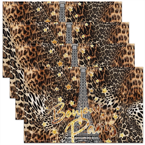 Leopard Print Table Place Mats Eiffel Tower Table Mats Kitchen Dinner Paris Glitter Washable Fabric Table Mats Placemat Cheetah Safari Brown Black White Kitchen Dinner Party Table Mats 18"x12"