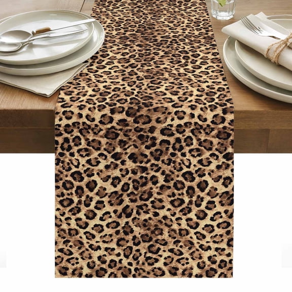 Leopard Print Table Runner 13 x 108 Inch, Animal Abstract Retro Washable Cotton Linen Dining Table Runner Tabletop Decorations for Restaurant Home Kitchen Party