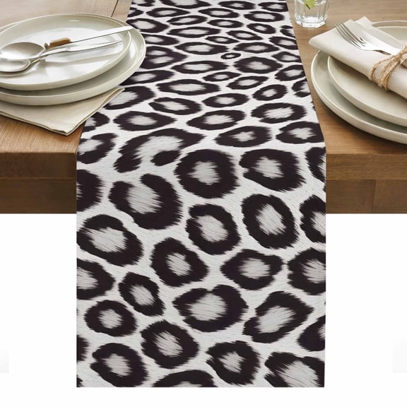 Leopard Print Table Runner 13 x 36 Inch, Black Gray Animal Texture Washable Cotton Linen Dining Table Runner Tabletop Decorations for Restaurant Home Kitchen Party
