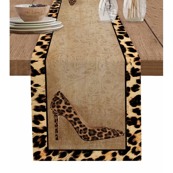 Leopard Print Table Runner 60 Inches, Vintage Rustic High Heels Animal Texture Bed Runner Dresser Scarves Tabletop for Indoor Outdoor Parties/Ceremony/Banquet, 13" x 60"