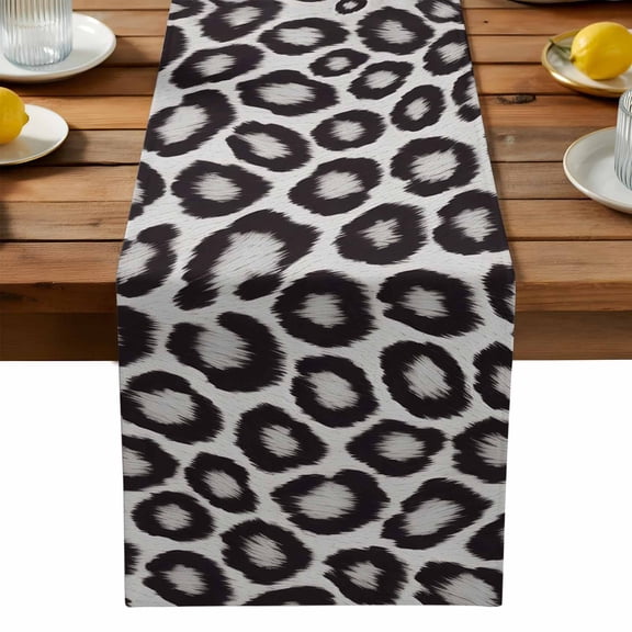 Leopard Print Table Runner, Black Gray Animal Texture Washable Kitchen Table Runners Dress Scarves for Dining Table Decorations Party, 13x36in