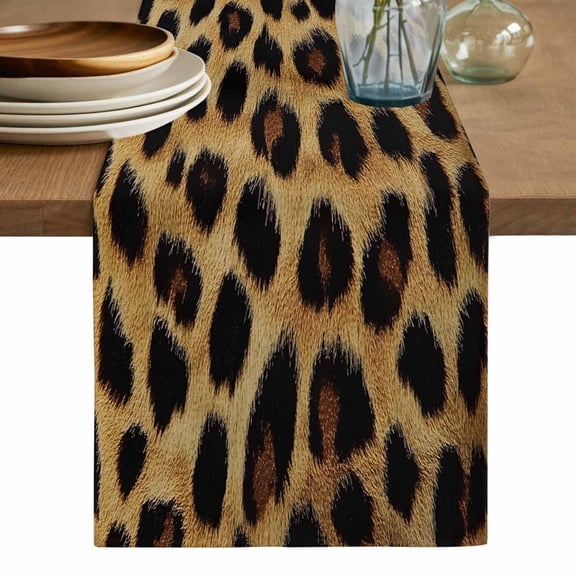 Leopard Print Table Runner, Brown Yellow Retro Animal Fur Pattern Washable Cotton Linen Table Runners 36 Inches Long, Dresser Scarf Runner for Nightstand/End Tables/Round Tables 13''x36''