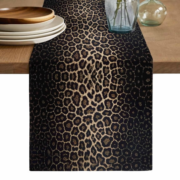 Leopard Print Table Runner, Chic Abstract Black Brown Animals Texture Washable Cotton Linen Table Runners 108 Inches Long, Dresser Scarf Runner for Dining/Living Room/Kitchen/Square Tables 13''x108''