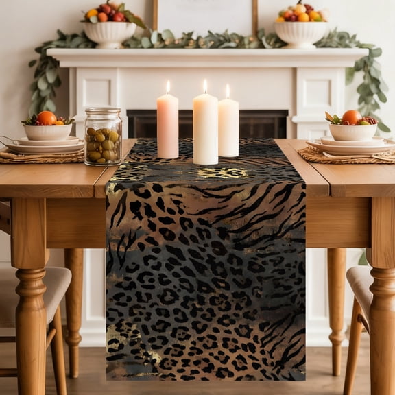 Leopard Print Table Runner, Ethnic Style Gold Black Gradient Fur Texture Washable Cotton-linen Table Runners Dining Kitchen Decoration for Everyday Home Wedding Party Decor, 13 x 36 Inch