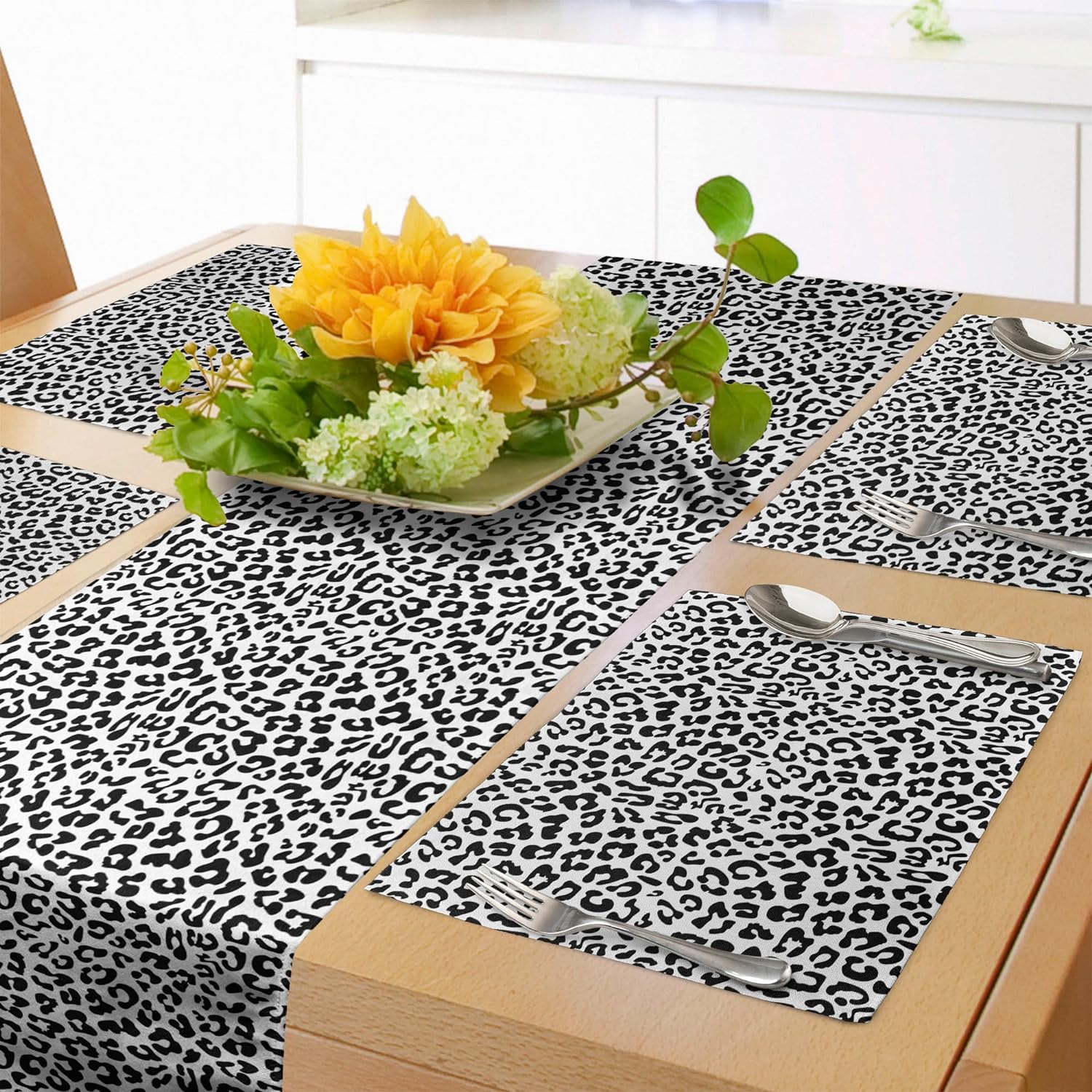 Leopard Print Table Runner & Placemats, Monochrome Graphic Style Wild Animal Abstract Skin Spots