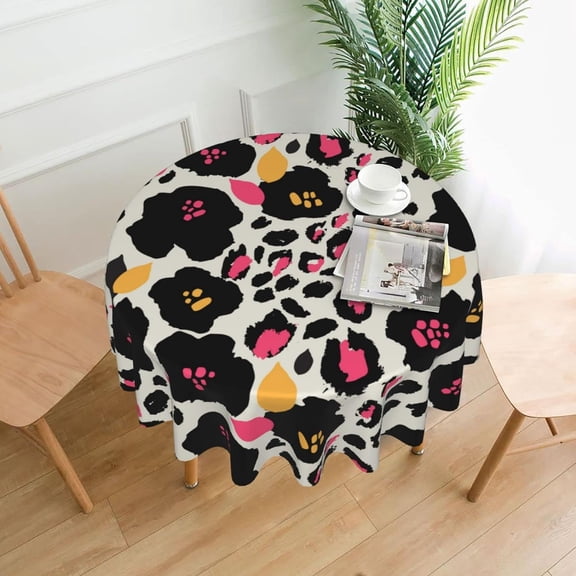 Leopard Print Tablecloth, Animal Skin Print Tablecloth, Floral Leopard Tablecloth Seasonal Dining-Table Cover, 60 inch Round for Home Party Picnic