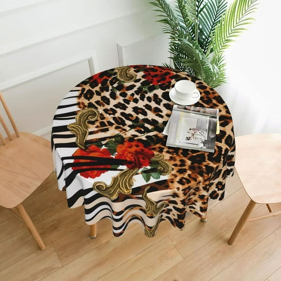 Leopard Print Tablecloth, Animal Skin Print Tablecloth, Floral Leopard Tablecloth Seasonal Dining-Table Cover, 60 inch Round for Home Party Picnic