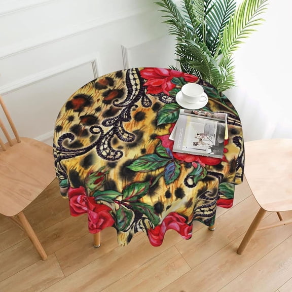 Leopard Print Tablecloth, Animal Skin Print Tablecloth, Floral Leopard Tablecloth Seasonal Dining-Table Cover, 60 inch Round for Home Party Picnic