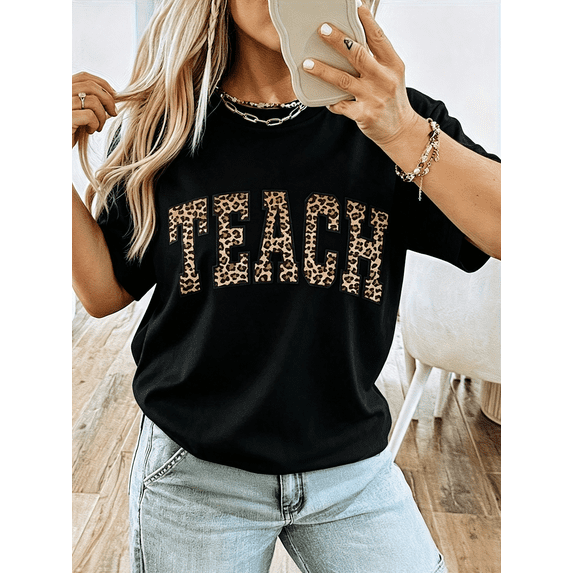 Leopard Print Teach Varsity Letter Graphic Tee, Minimalist Teacher Casual Crewneck Short Sleeve T-Shirt for Women