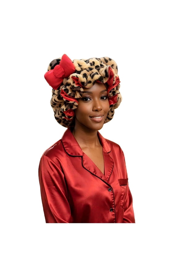Leopard Print Teddy Bonnet, Double Layer Satin Lined Sleep Bonnet, Adjustable No Frizz Cap, Helps Reduce Breakage & Thinning(Q)