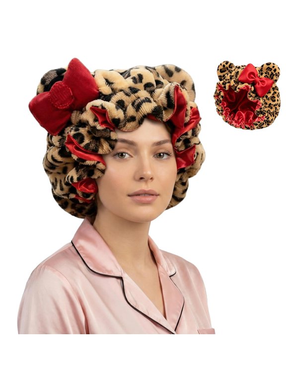 Leopard‑Print Teddy Sleep Bonnet for Women,Satin‑Lined Hair Protection Cap with Bow,Soft Night‑Time & Spa‑Use Hair Bonnet Head Accessory