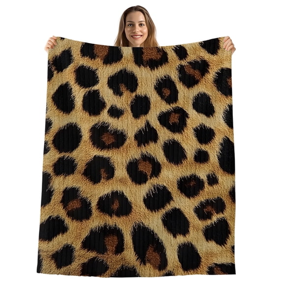 Leopard Print Throw Blanket, Flannel Fleece Blanket with Striped Design for Couch, Brown Yellow Retro Animal Fur Pattern Soft Breathable All Season Plush Blankets for Sofa Office Travel 40"x50"