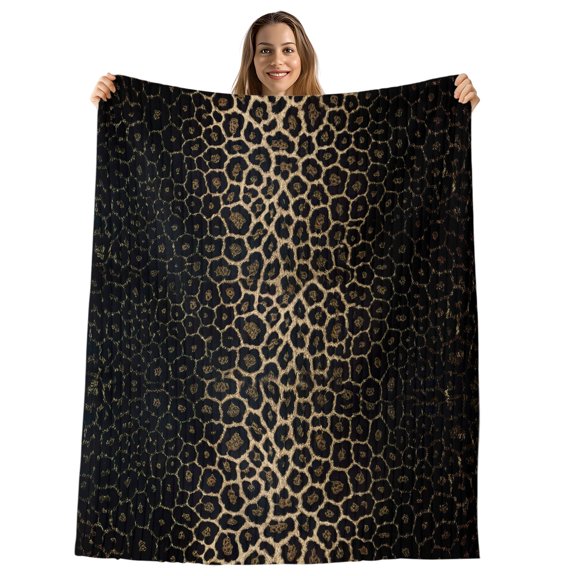 Leopard Print Throw Blanket, Flannel Fleece Blanket with Striped Design for Couch, Chic Abstract Black Brown Animals Texture Soft Breathable All Season Plush Blankets for Sofa Office Travel 40"x50"