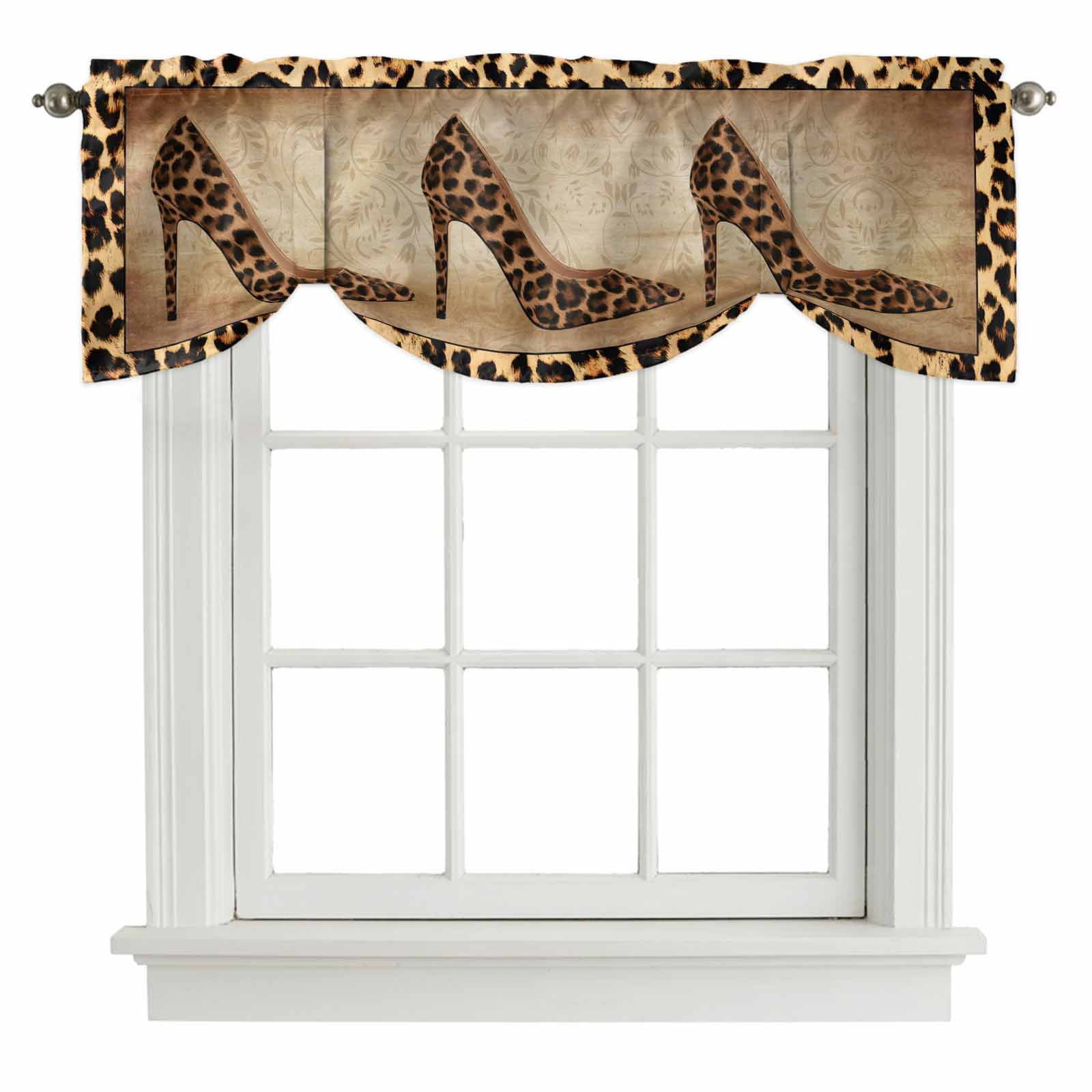Leopard Print Tie Up Valance Curtains for Windows, Kitchen Curtains