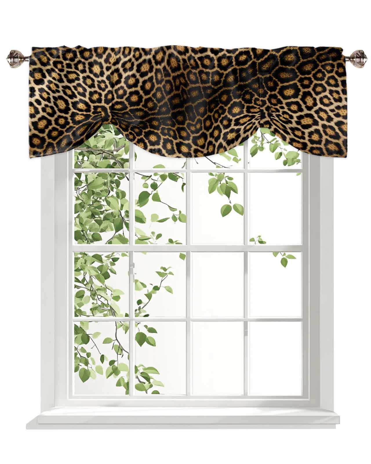 Leopard Print Tie Up Valances Curtain, Adjustable Kitchen Gradient