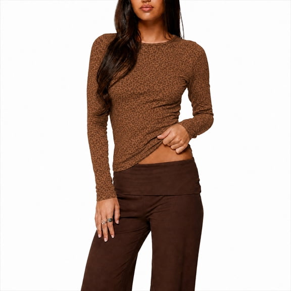 Leopard Print Top for Women Y2k Long Sleeve Crew Neck Shirt Layering Under Shirts Going Out Tops