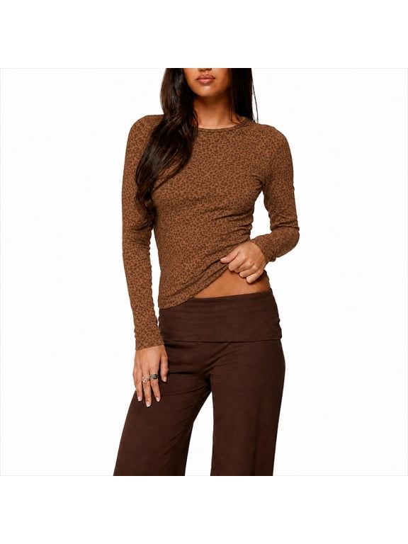 Leopard Print Top for Women Y2k Long Sleeve Crew Neck Shirt Layering Under Shirts Going Out Tops