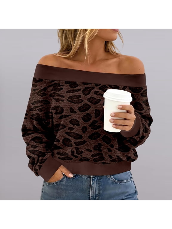 Leopard Print Tops For Women Feature Off Shoulder Neckline Long Sleeves Loose Fit And Ribbed Trim For Weekend Casual Fall Wear
