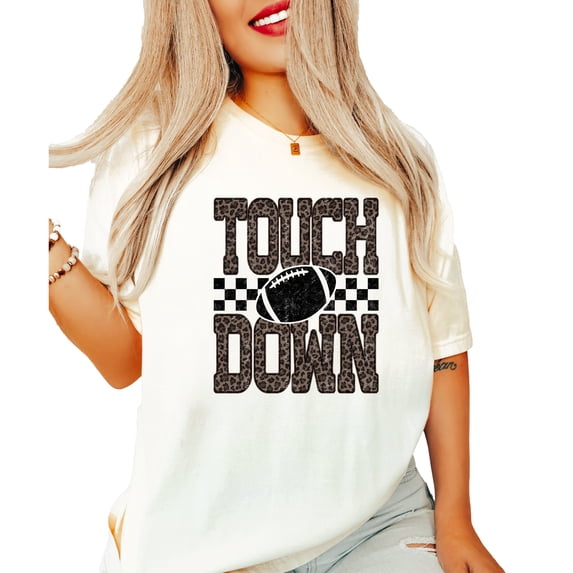 Leopard Print Touchdown Shirt for Women Football Game Day Graphic Tee, Ivory Shirt, M