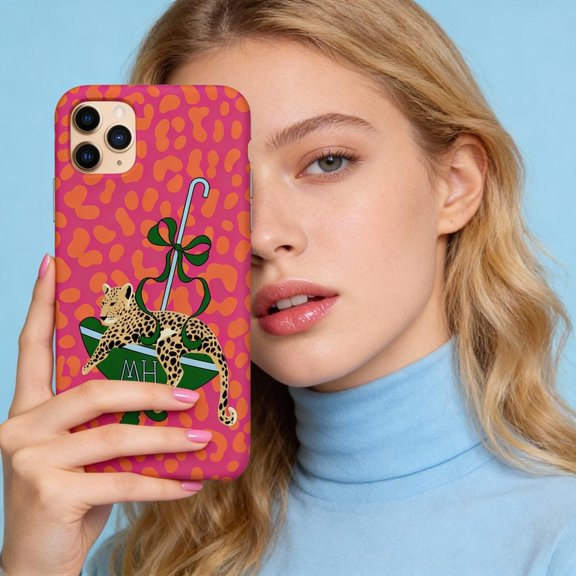 Leopard Print Tough Phone Case for Apple iPhone – Vibrant Umbrella Bow Graphic, Dual-Layer Protection