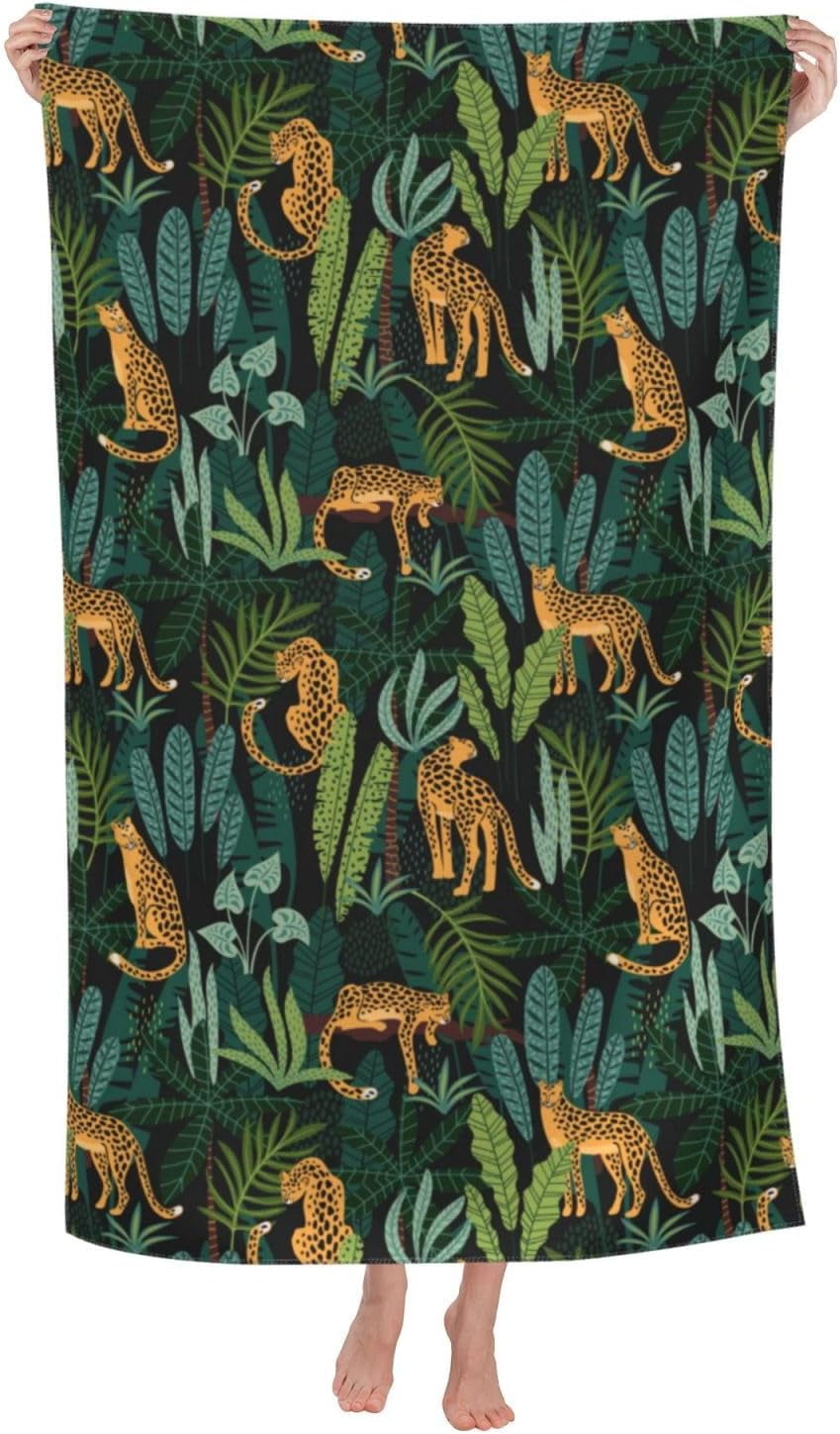 Leopard Print Towels Wild Animal Leopard and Tropical Leave Spots Beach Bath Towel Soft Absorbent Microfiber Hand Towels for Hair Spa Hotel 52x32 Inch Trendy