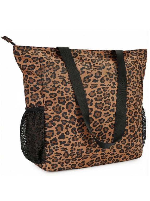 Leopard Print Travel Beach Tote Bag Large Capacity Shoulder Handbag with Multi Pockets Water-resistant for Seaside Shopping Casual for Women, Brown