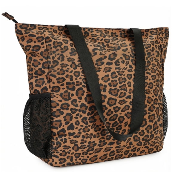 Leopard Print Travel Beach Tote Bag Large Capacity Shoulder Handbag with Multi Pockets Water-resistant for Seaside Shopping Casual for Women, Brown