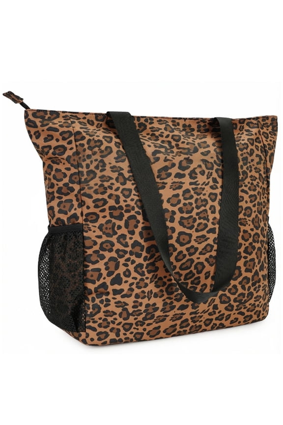 Leopard Print Travel Beach Tote Bag Large Capacity Shoulder Handbag with Multi Pockets Water-resistant for Seaside Shopping Casual for Women, Brown