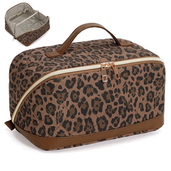 Leopard Print Travel Makeup Bag Cosmetic Bag Toiletry Bag for Women, Wide Open Organizer Pouch with Divider Handle Portable Quilted Open Flat, Brown