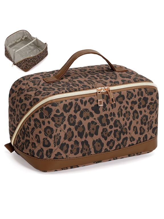 Leopard Print Travel Makeup Bag Cosmetic Bag Toiletry Bag for Women, Wide Open Organizer Pouch with Divider Handle Portable Quilted Open Flat, Brown