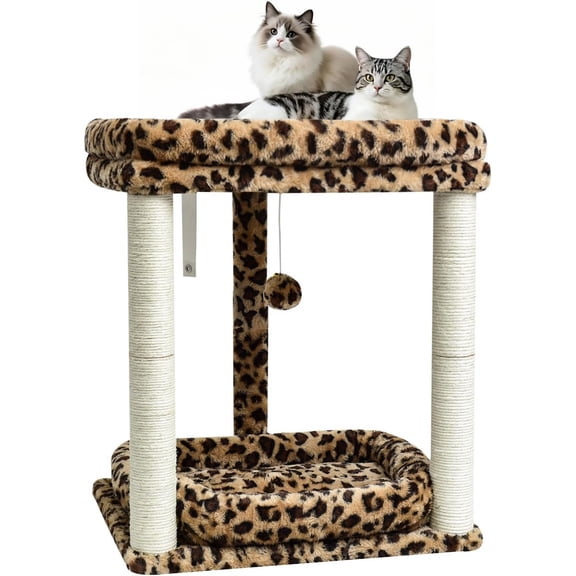 Leopard Print Tree with 2 Levels Perch Platforms, Sisal Tower with Ball & Anti-Tip Strap, Perch Furniture for Indoor Cats, Kittens