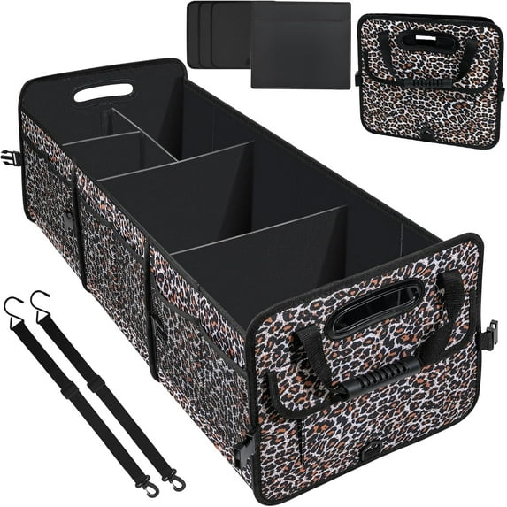 Leopard Print Trunk Organizer - 95L Large Capacity, Non-Slip Bottom, Waterproof, Portable Car Storage for SUV, Truck, Sedan