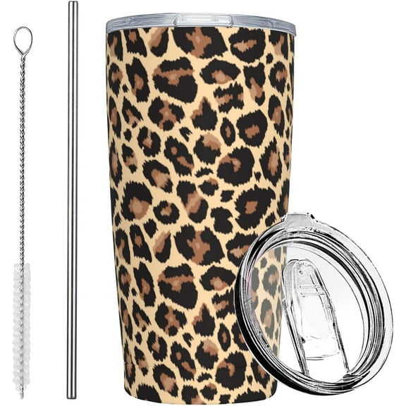 Leopard Print Tumbler, Cheetah Cup with Lid and Straw, 20 Oz Stainless Steel Insulated Water Bottle Coffee Mug