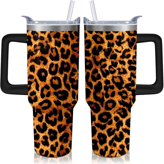 Leopard Print Tumbler with Handle and Straw,40 oz Stainless Steel Insulated Cup with Lid and Straw,Travel Coffee Mug Water Bottle,Birthday Christmas Mothers Day Gifts for Animal Lovers Women