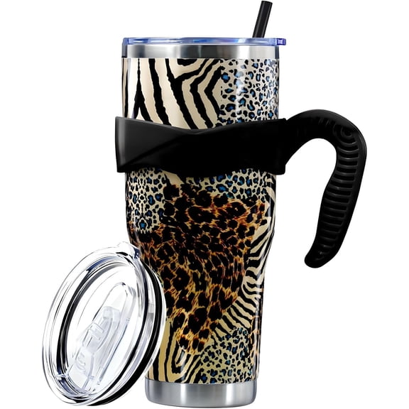 Leopard Print Tumbler with Handle and Silicone Straws - 40 Oz Cheetah Insulated Tumbler - Leopard Cup Gift for Women