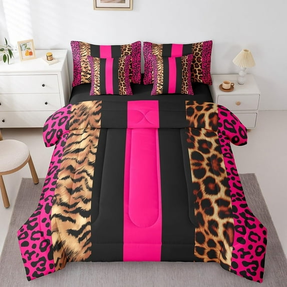 Leopard Print Twin Size 7 Piece Bedding Set Cheetah Comforter Animals Hot Pink Black Comforter Bedroom Decor Safari,Flat Sheet,Fitted Sheet,Pillowcases,Zebra