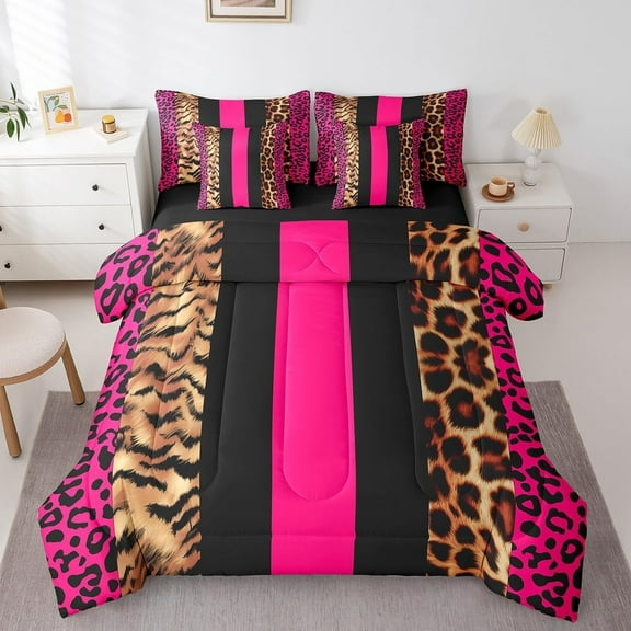 Leopard Print Twin Size 7 Piece Bedding Set Cheetah Comforter Animals Hot Pink Black Comforter Bedroom Decor Safari,Flat Sheet,Fitted Sheet,Pillowcases,Zebra
