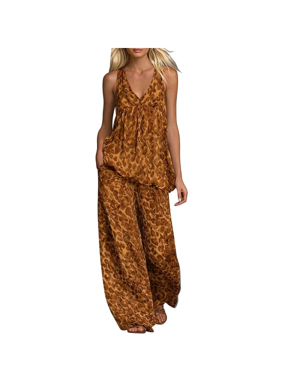 Leopard Print Two Piece Outfit Women's V Neck Sleeveless Loose Top Chiffon Wide Leg Pant Matching Set With Side Pockets for Summer Beach Vacation Casual Party