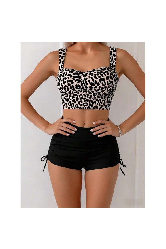 Leopard Print Two-Piece Swimsuit Set - Multicolor 1409, Crop Top & Ruched