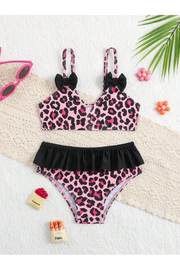 Leopard Print Two-Piece Swimsuit With Bow & Ruffle Trim - Multicolor-2