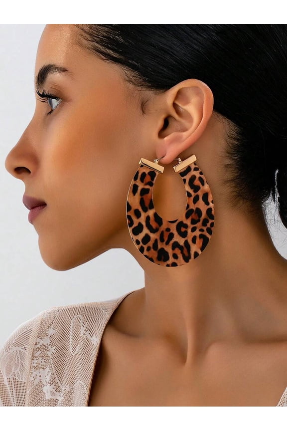 Leopard Print U-Shaped Hoop Earrings Multicolor-3, 1 Pair