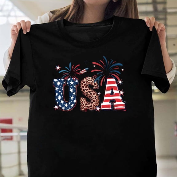 Leopard Print USA Patriotic Stars Stripes 4th Of July Unisex T-Shirt, Animal Graphic V61527, Up to Size 5XL